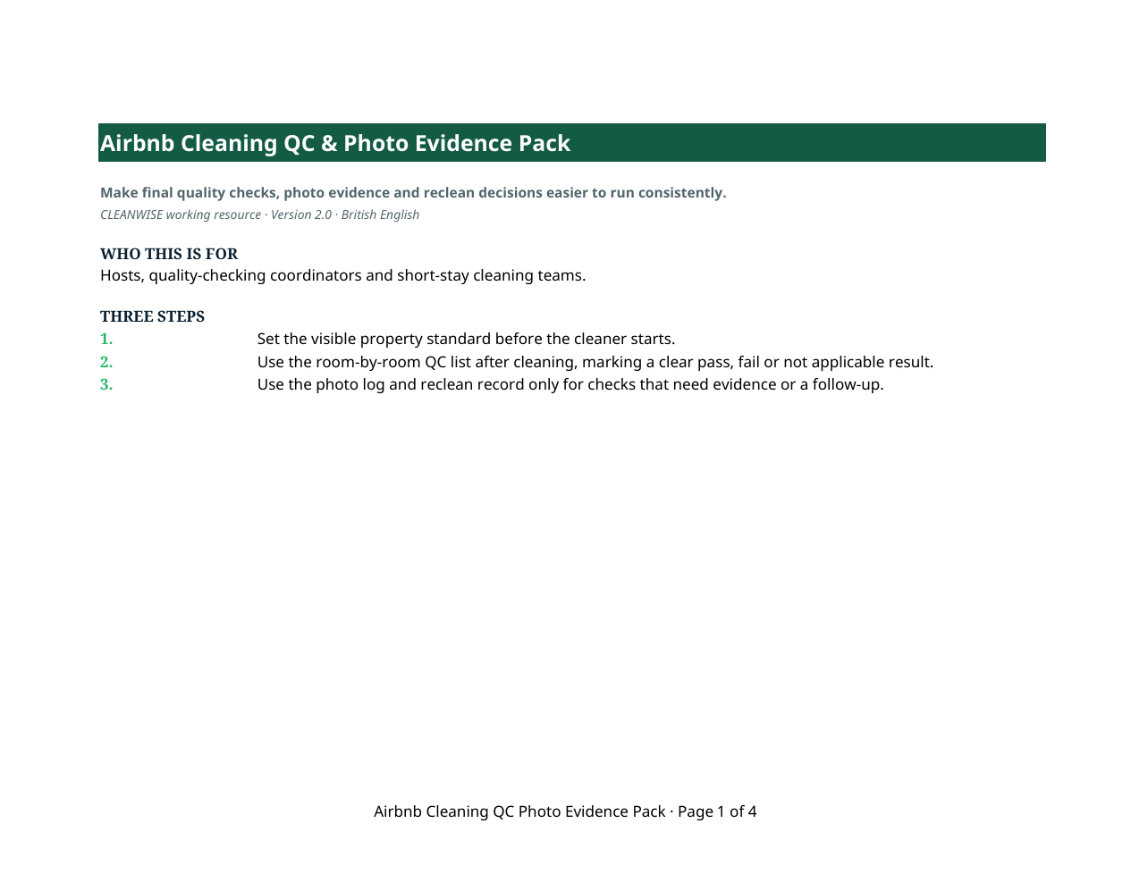 Preview of the QC & Photo Evidence Pack Excel working file