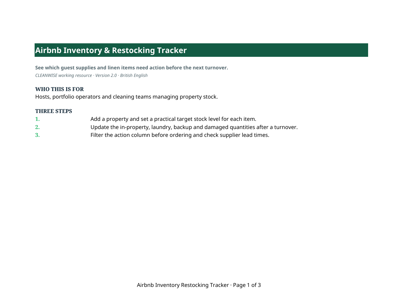 Preview of the Inventory & Restocking Tracker Excel working file