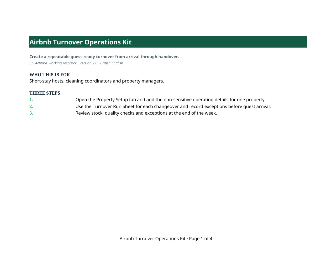 Preview of the Airbnb Turnover Operations Kit Excel working file
