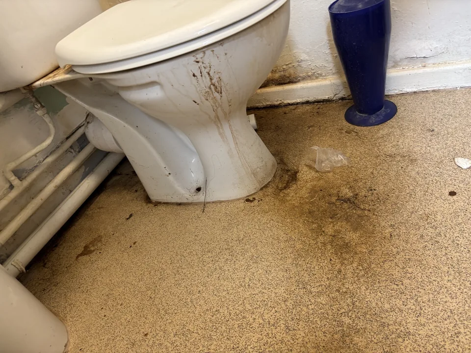 Sensitive incident photograph showing toilet contamination before specialist sanitation work