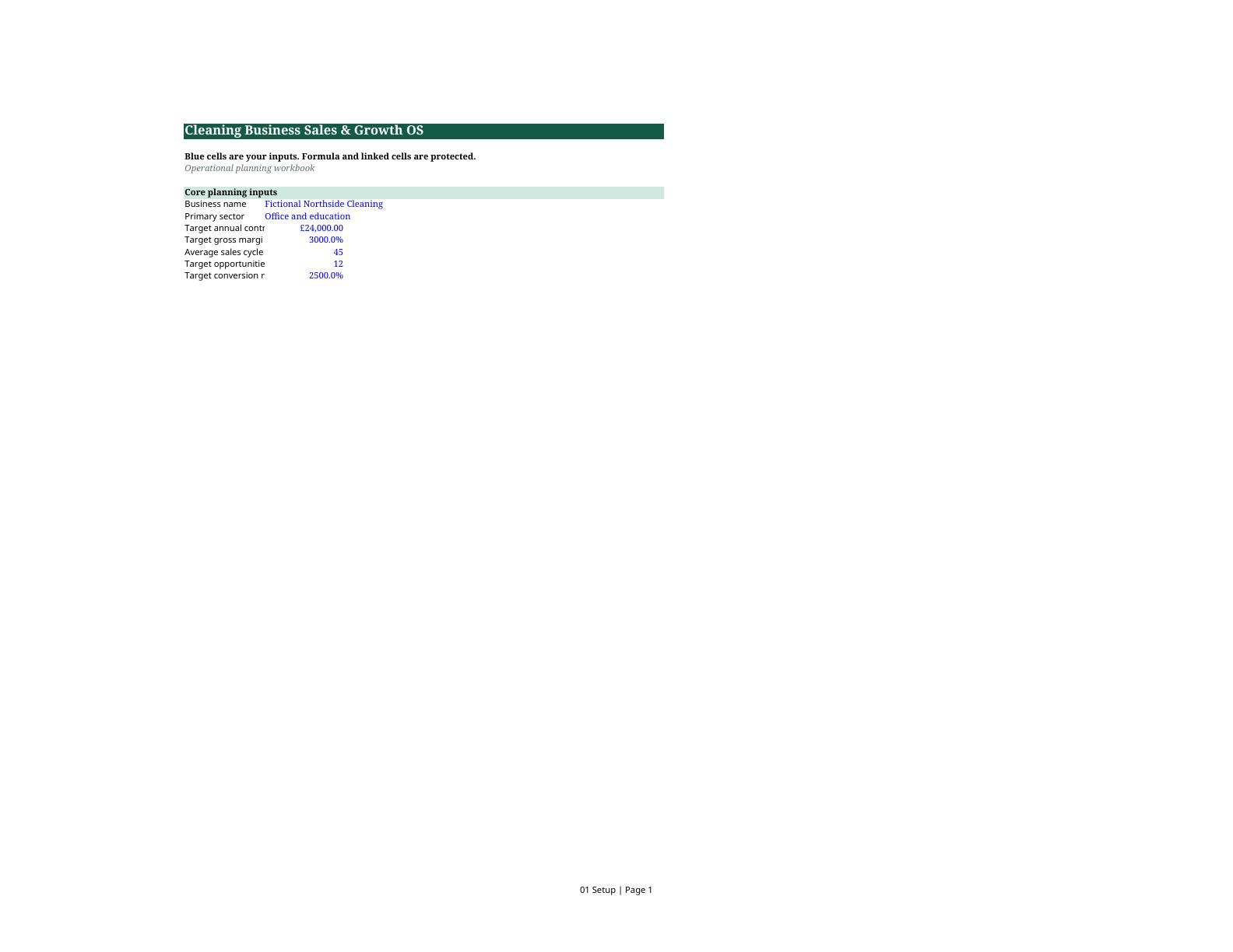 Preview of the Cleaning Business Sales & Growth OS Excel working file