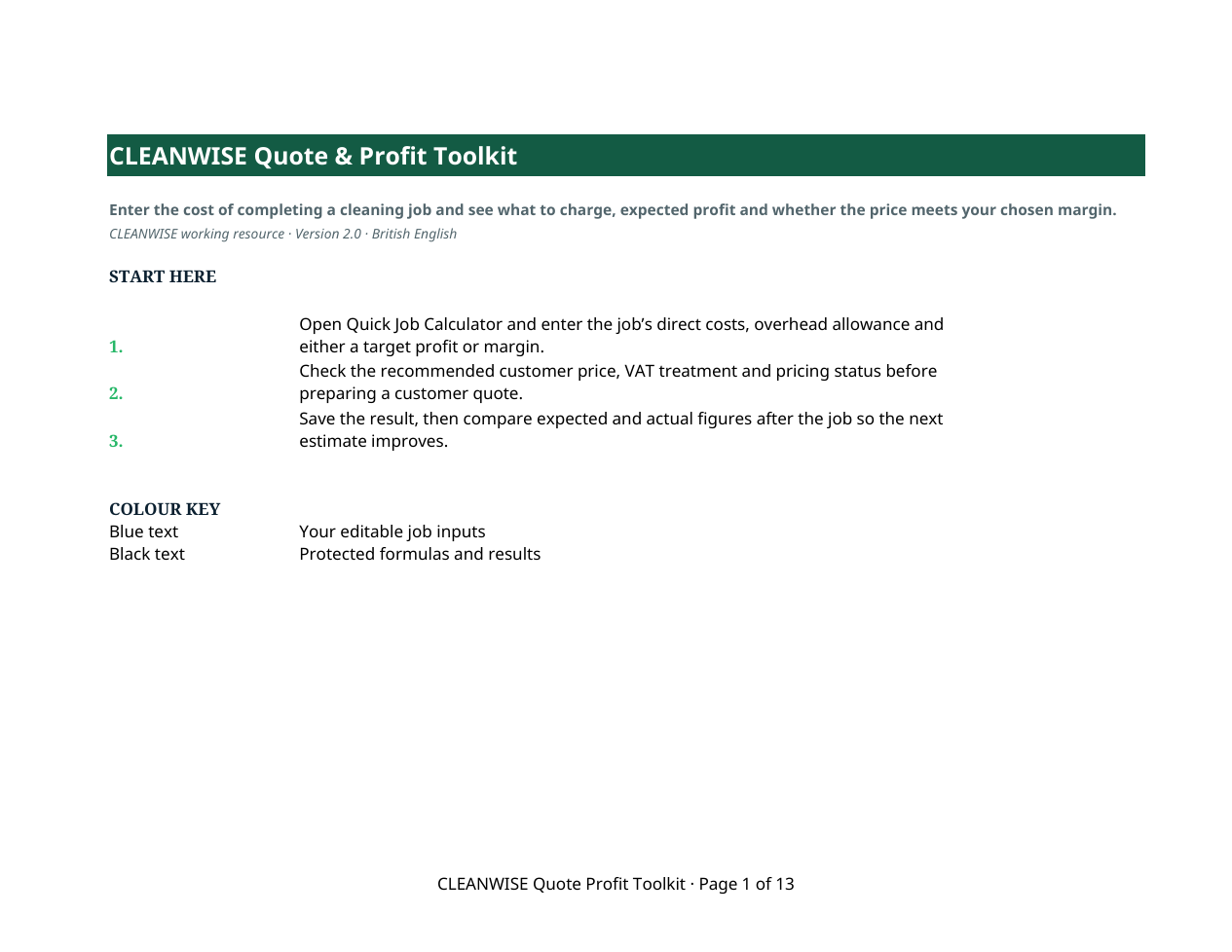 Preview of the Quote & Profit Toolkit Excel working file