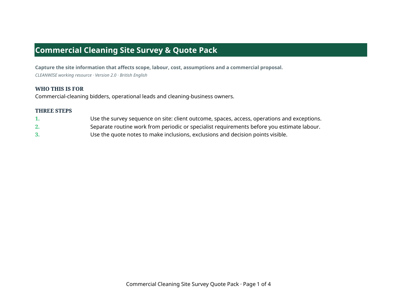 Preview of the Commercial Survey & Quote Pack Excel working file