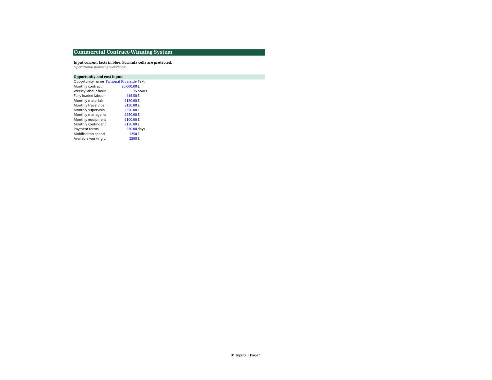 Preview of the Commercial Contract-Winning System Excel working file