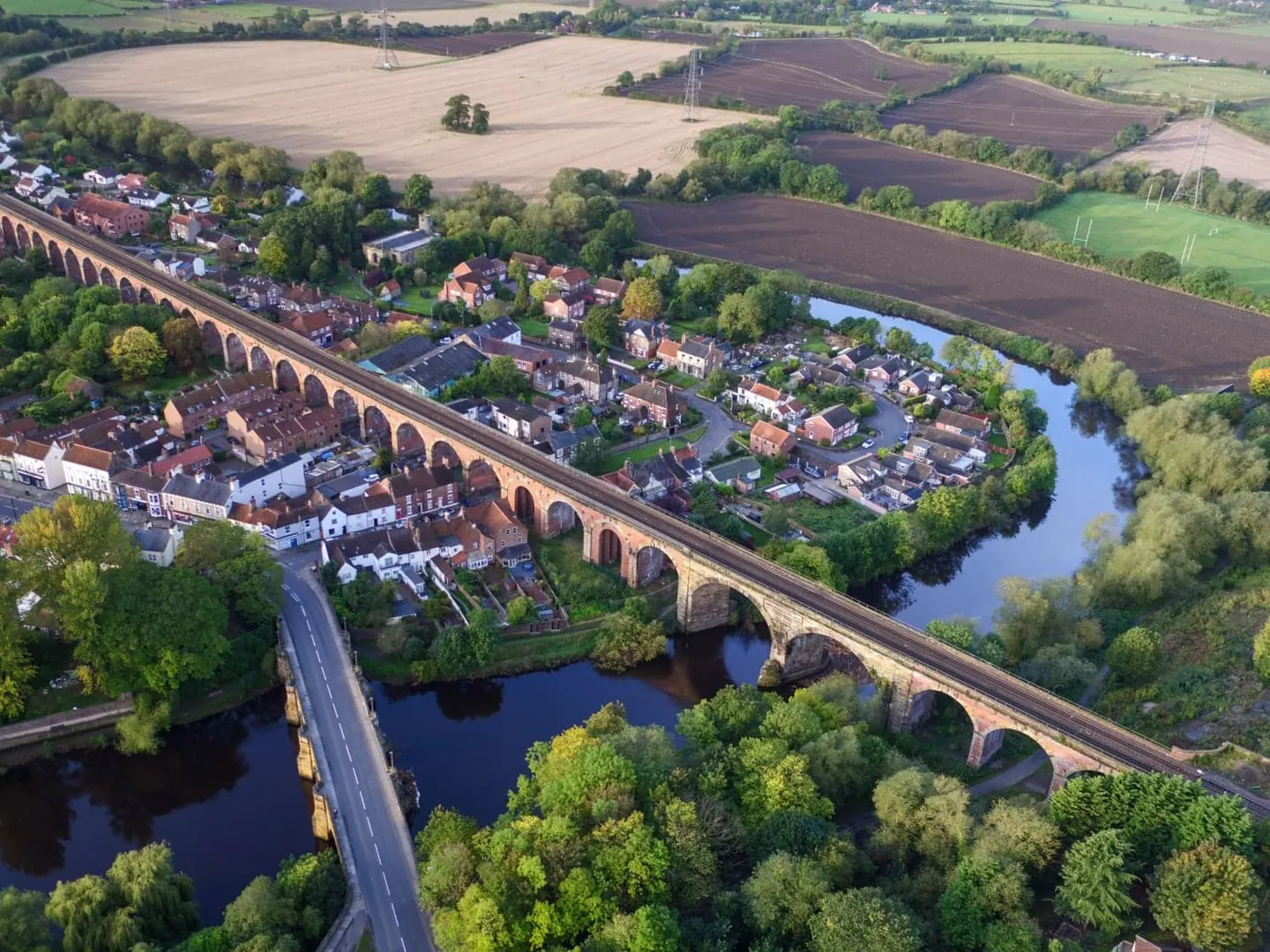Aerial view of Yarm and its railway viaduct