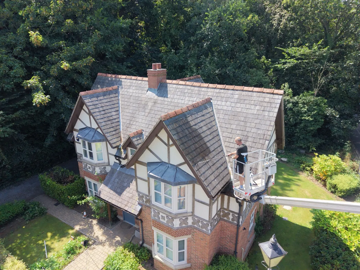 Commercial roof cleaning at Rockliffe Hall using access equipment