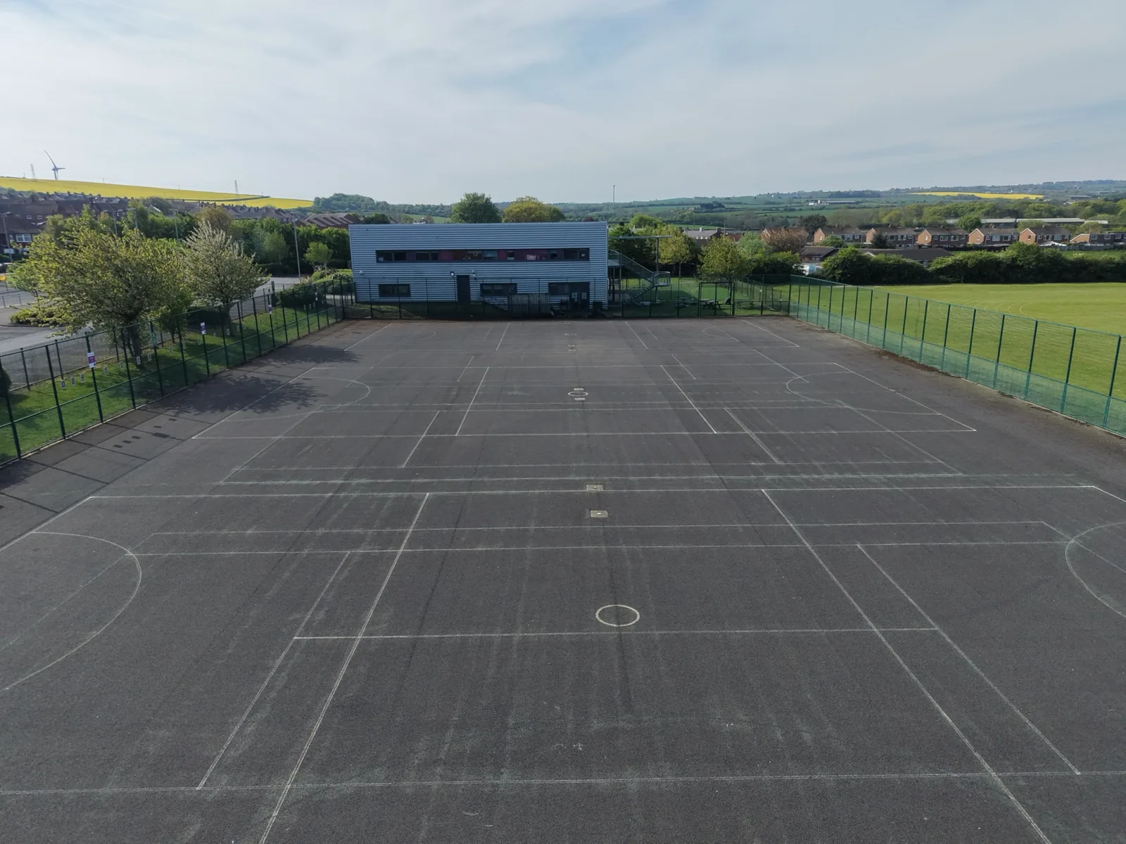 Aerial overview of the Freebrough Academy tennis-court area
