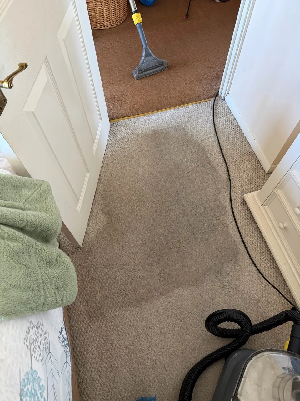 Residential hallway carpet being cleaned with extraction equipment