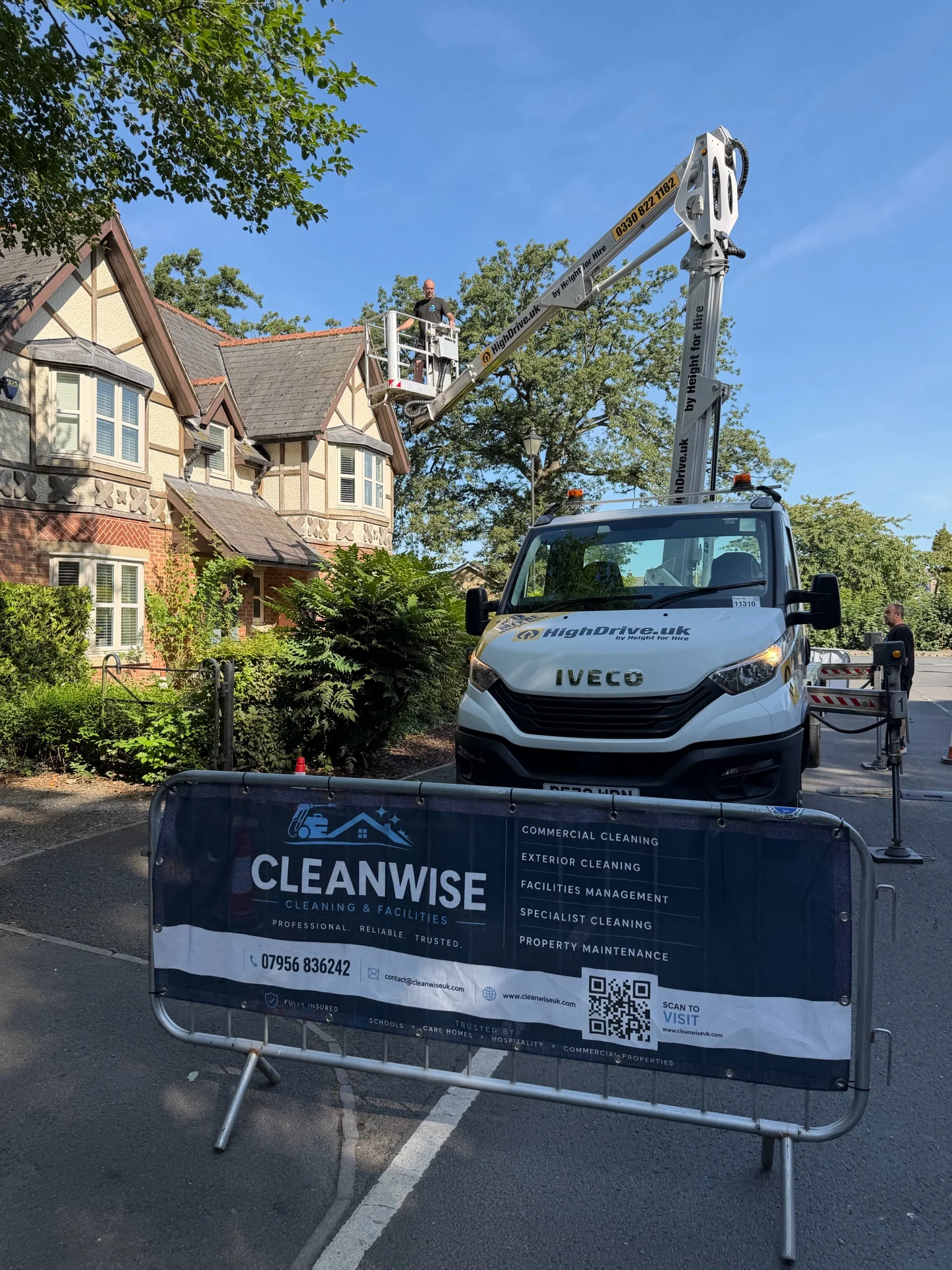 Access-platform operation at Rockliffe Hall Lodges during the roof-cleaning project.