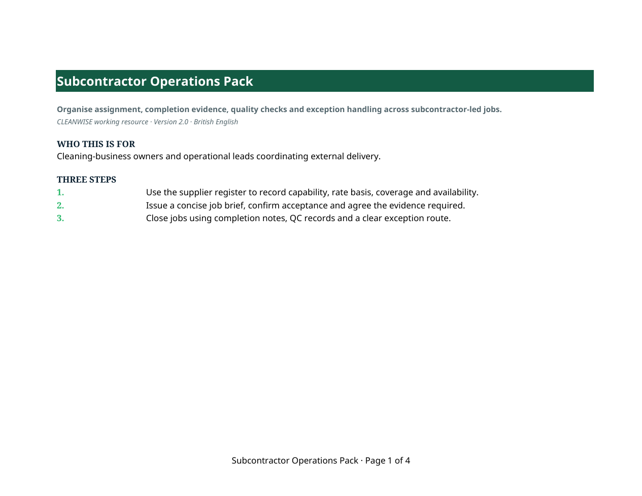 Preview of the Subcontractor Operations Pack Excel working file