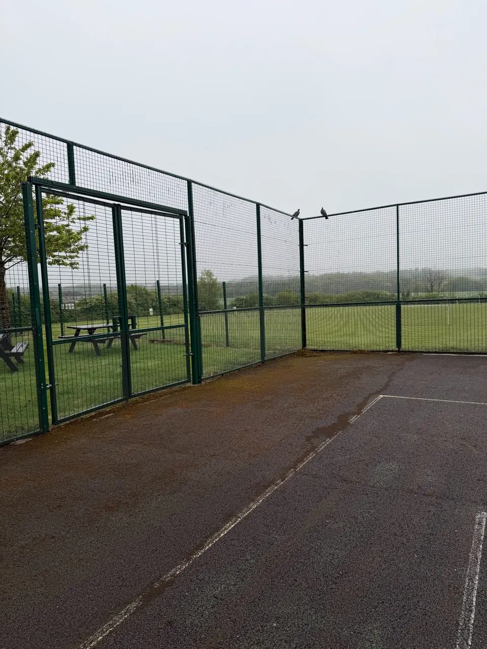 Fenced outdoor tennis court with surface-cleaning context